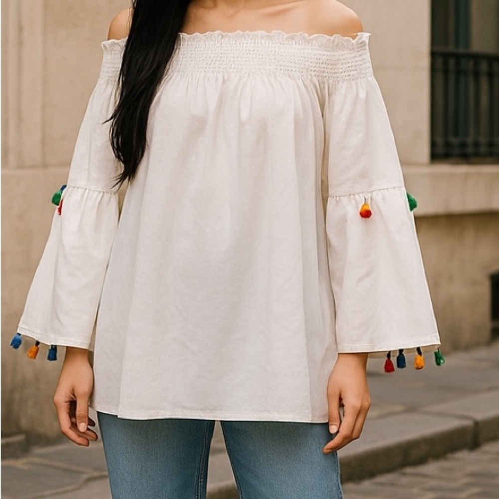 SHEIN Off-Shoulder White Blouse with Multicolor Tassels